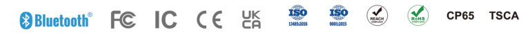 ADDHEAT certification and compliance logos including Bluetooth, FCC, IC, CE, UKCA, ISO, REACH, RoHS, CP65 and TSCA